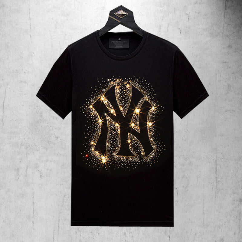 香港潮牌夏季星星烫钻水钻丝光棉半袖男女修身大码休闲短袖T恤