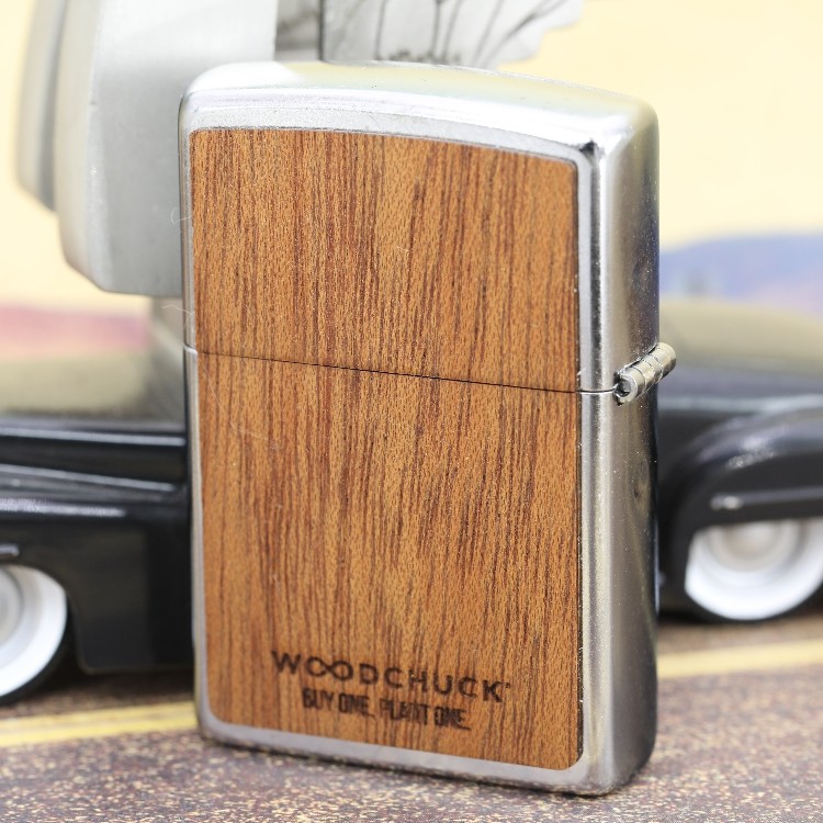 原装zippo防风打火机woodchuck镀铬花沙双面原木贴章zippo