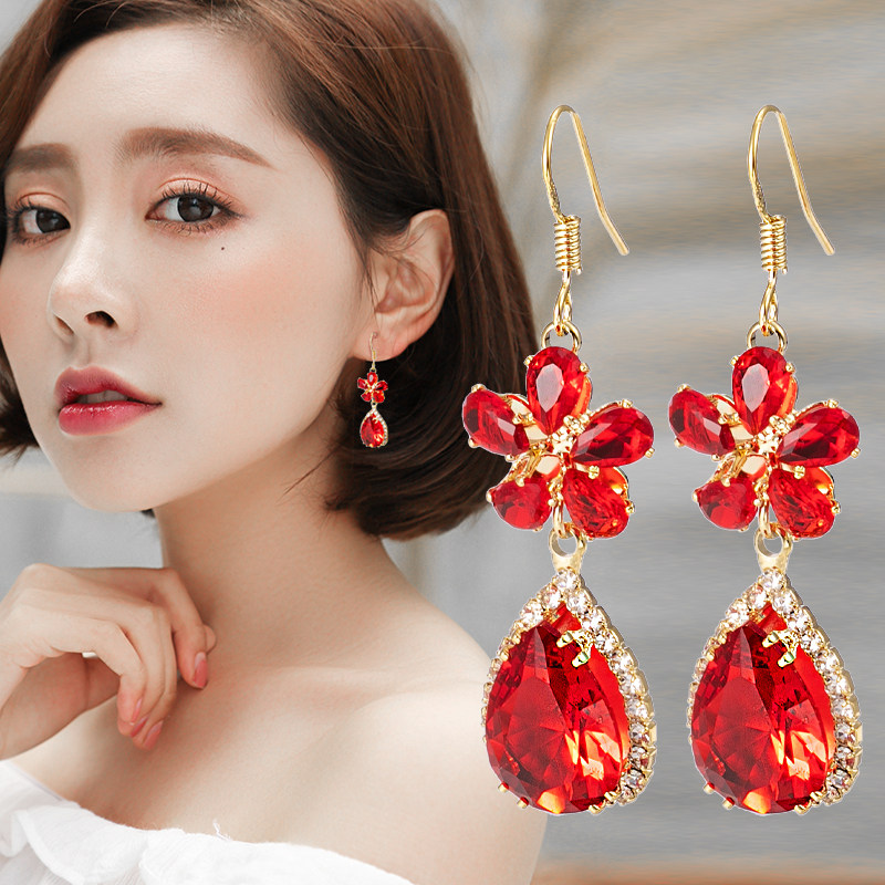 大红红色水晶结婚礼耳环女长款韩国气质新娘耳钉耳环