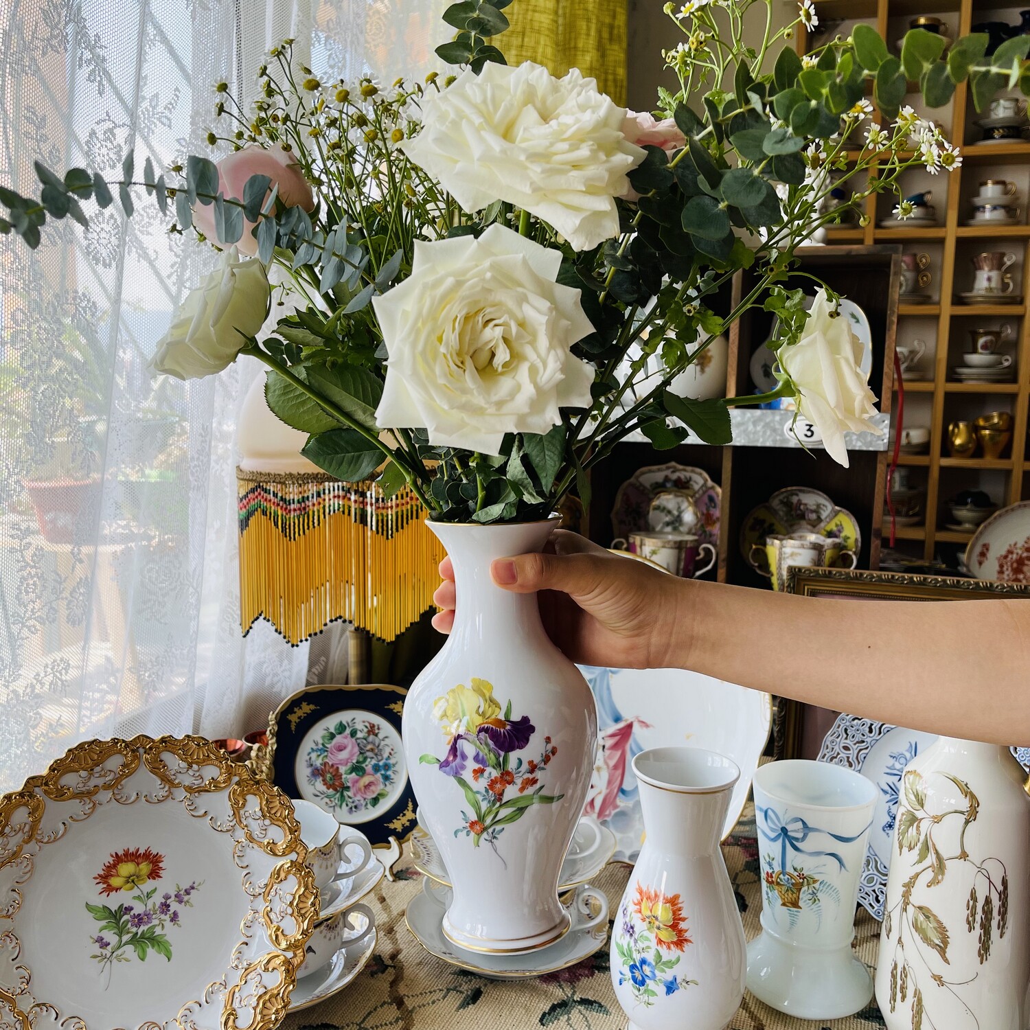 花瓶现货德国meissen梅森紫鸢尾花美人橘色虞美人花瓶