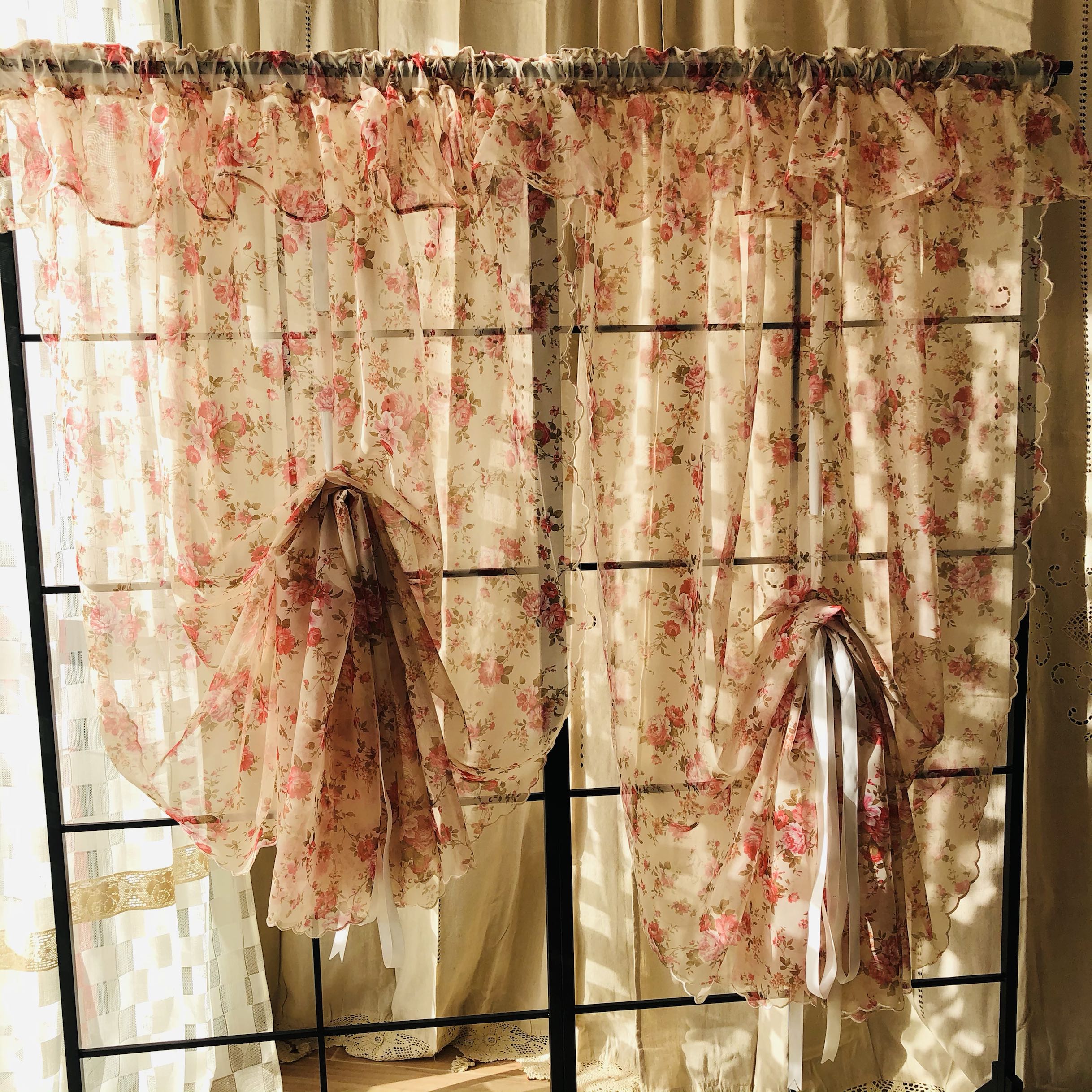 田园田园乡村乡村风彩花荷叶边帘头丝带抽拉升降扇形成品窗帘