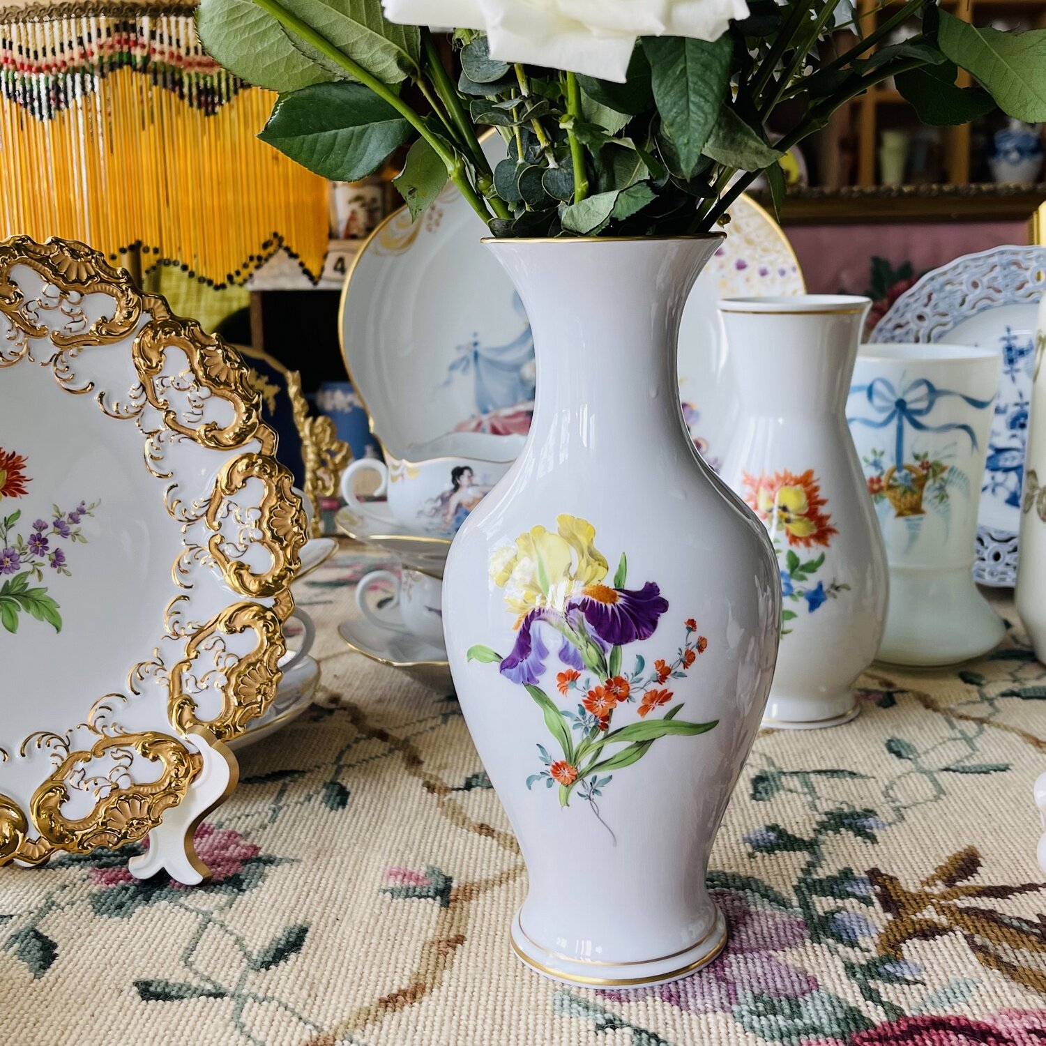 花瓶现货德国meissen梅森紫鸢尾花美人橘色虞美人花瓶