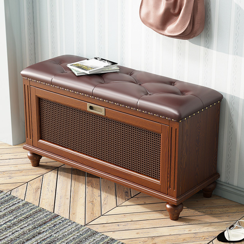 美式换鞋凳实木真皮鞋柜入户多功能沙发凳门口穿鞋凳家用长凳欧式