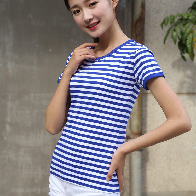 夏季海魂衫短袖纯棉修身蓝白横条条纹情侣装半袖海t恤