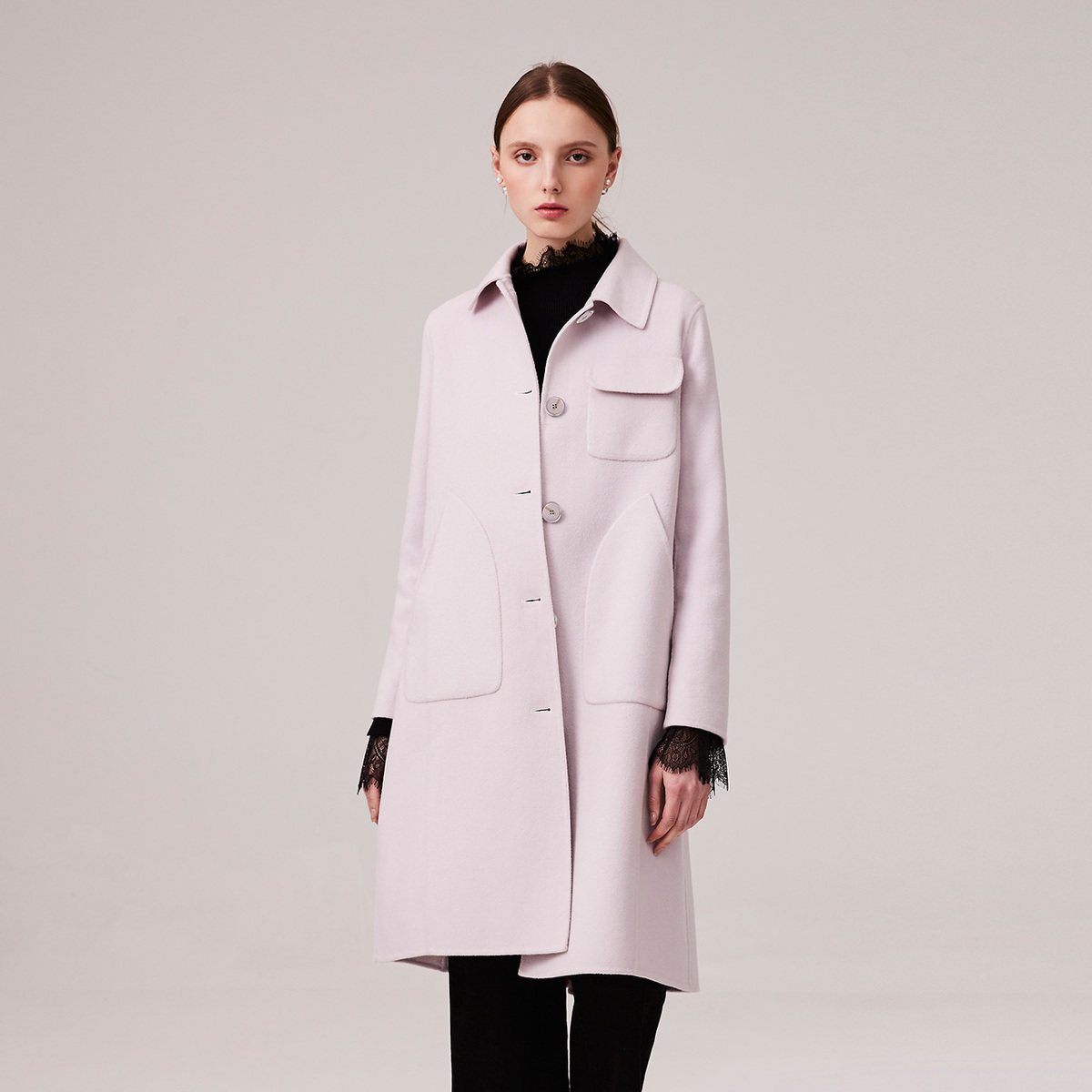 商场同款纳薇2020春季复古a型腰带羊毛双面呢大衣米色毛呢外套