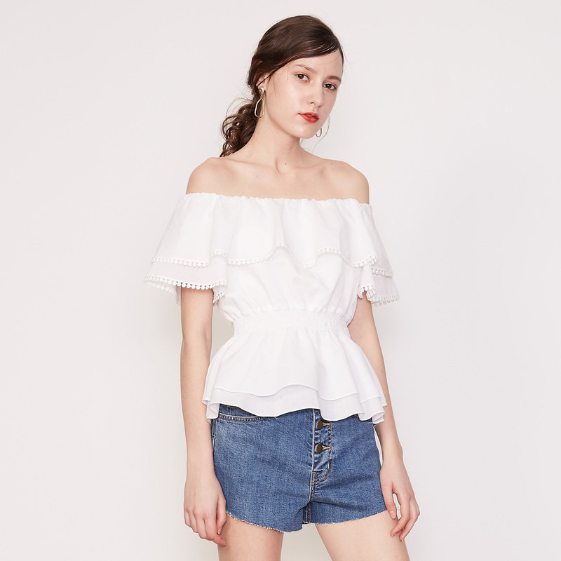 naivee/纳薇2018夏季新款白色露肩一字领x型收腰性感小上衣女显瘦