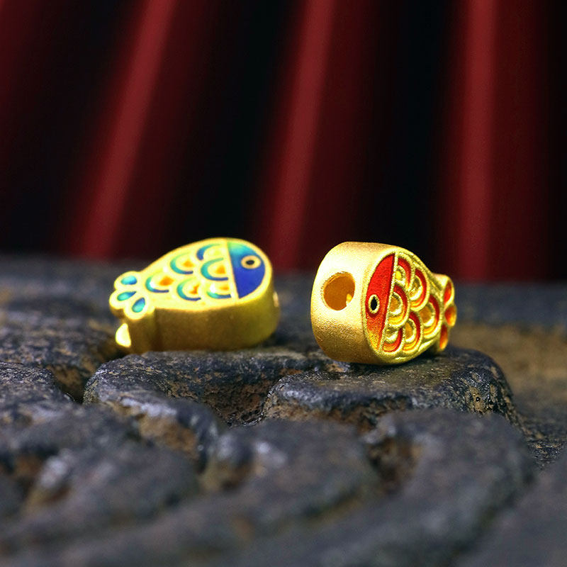 黄金足金纯金珐琅烧蓝镂空锦鲤鲤鱼串珠转运手饰