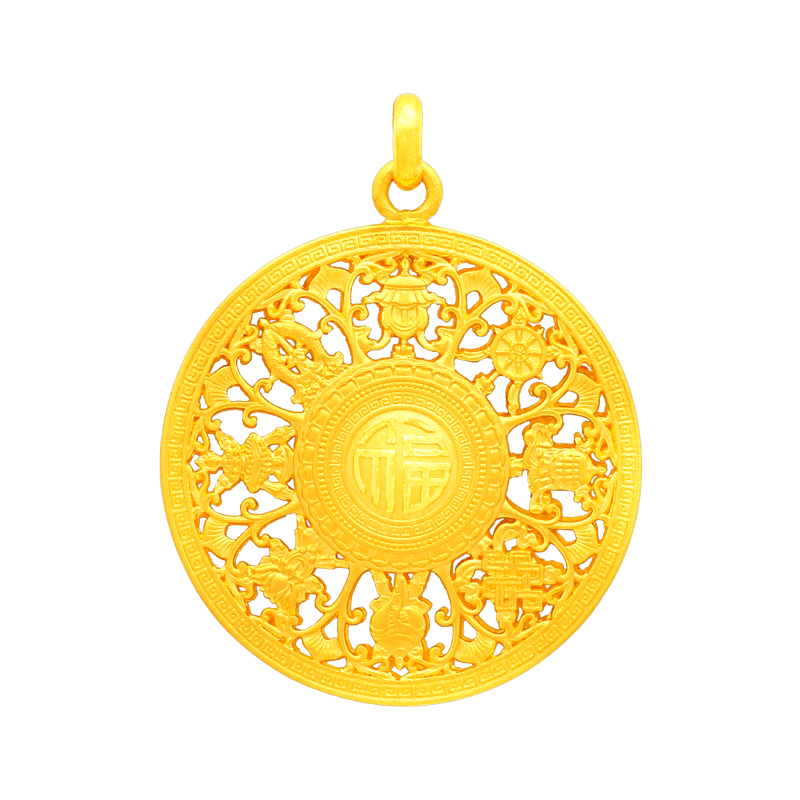 黄金精品999足金24k纯金素金吉祥八宝罗盘吊坠项链挂坠项坠男女款