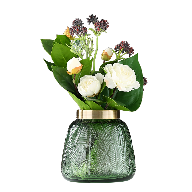 北欧简约绿色透明玻璃花瓶花艺套装创意插花仿真花