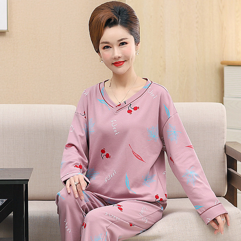女士长袖纯棉睡衣中年妈妈春秋秋天圆领中老年睡衣