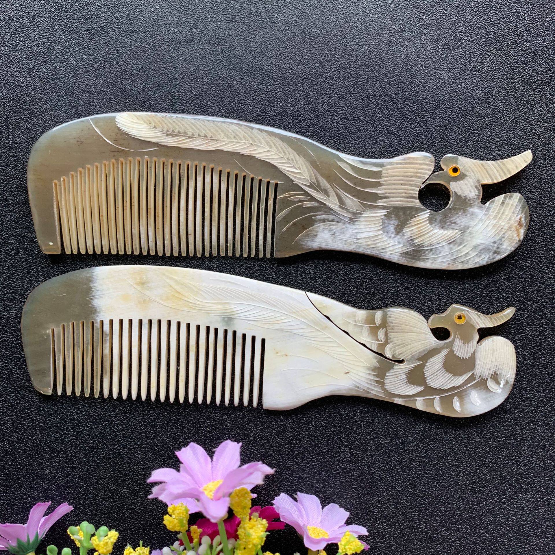 梳子自然黑白工艺牛角龙凤雕刻梳子