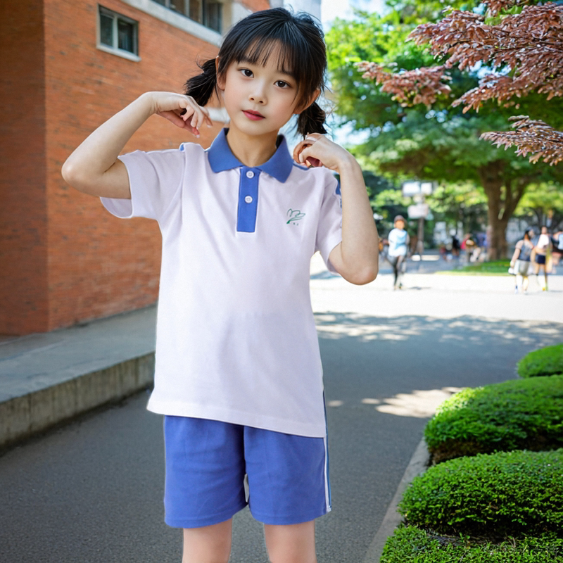 深圳校服正品莎臣豹小学女生夏季运动服短裤白色学生校服