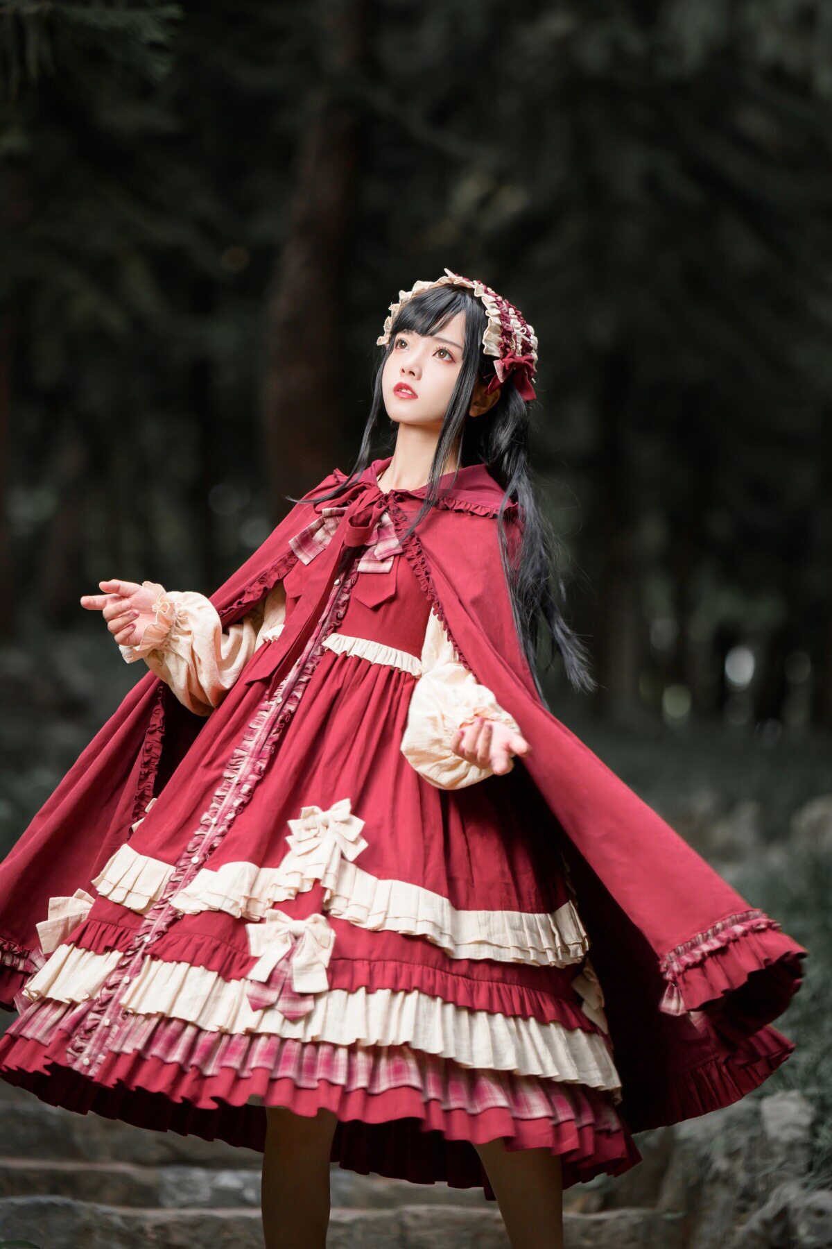 小欣原创生吃大灰狼op红色长斗lolita洛丽塔复古连衣裙