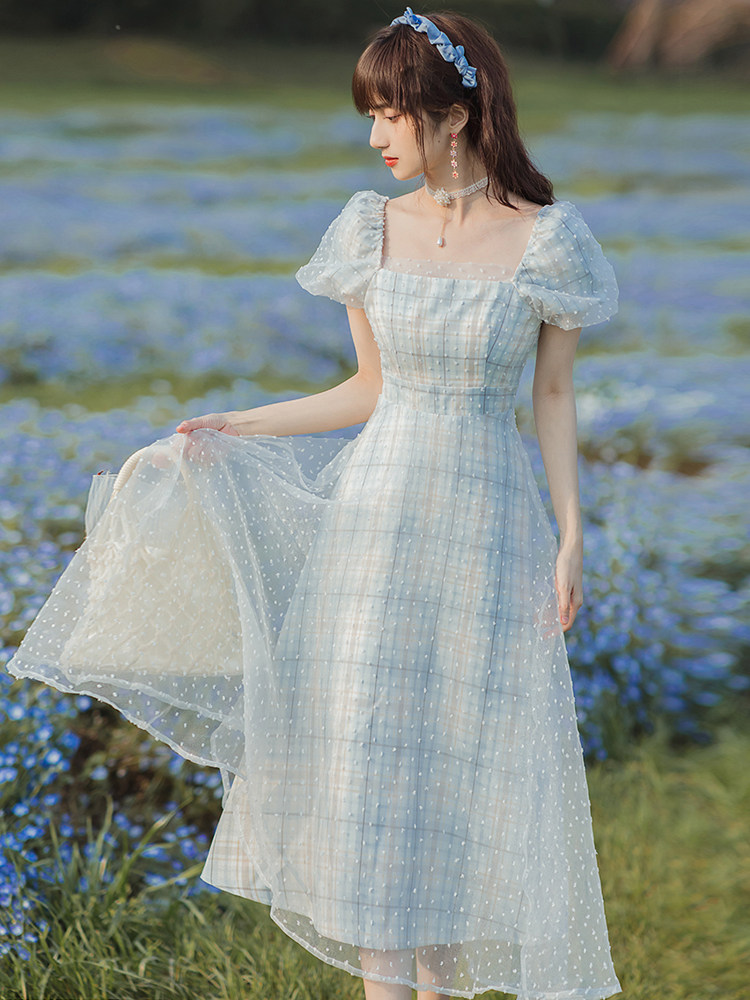 法式桔梗初恋可甜可盐在逃公主裙仙气超仙森系蓝色泡泡袖连衣裙夏