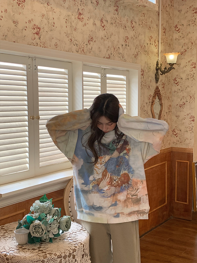 JC古着商店蓝色扎染印花卫衣女2021秋冬新款宽松休闲圆领套头上衣