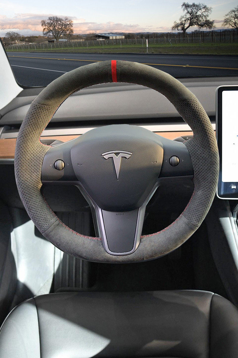 特斯拉model3专用毛皮方向盘modely毛豆反绒皮手缝吸方向盘套
