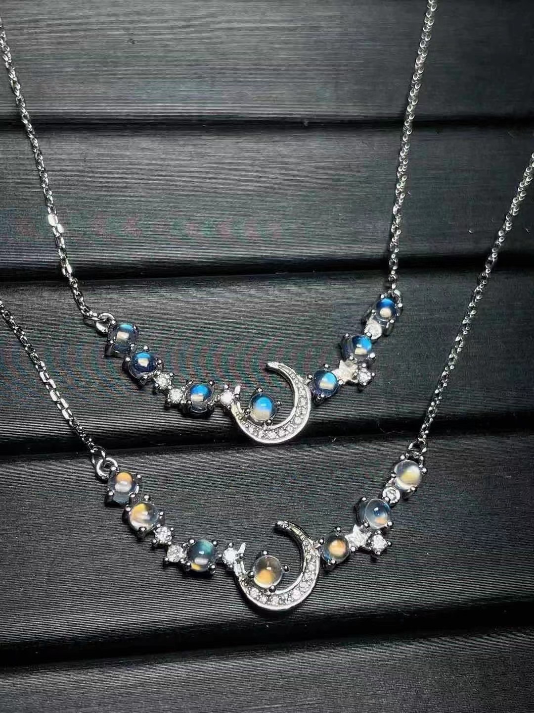 蓝月光宝石七星星伴月锁骨纯天然印度月光石主石3mm颈饰