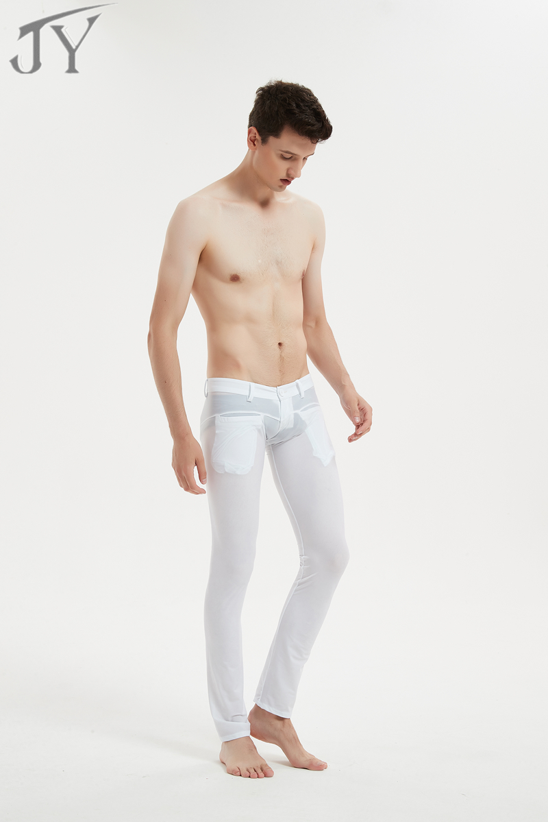 超低腰男士冰丝休闲夏季薄款速干性感丝滑免熨小脚裤紧身白色透明