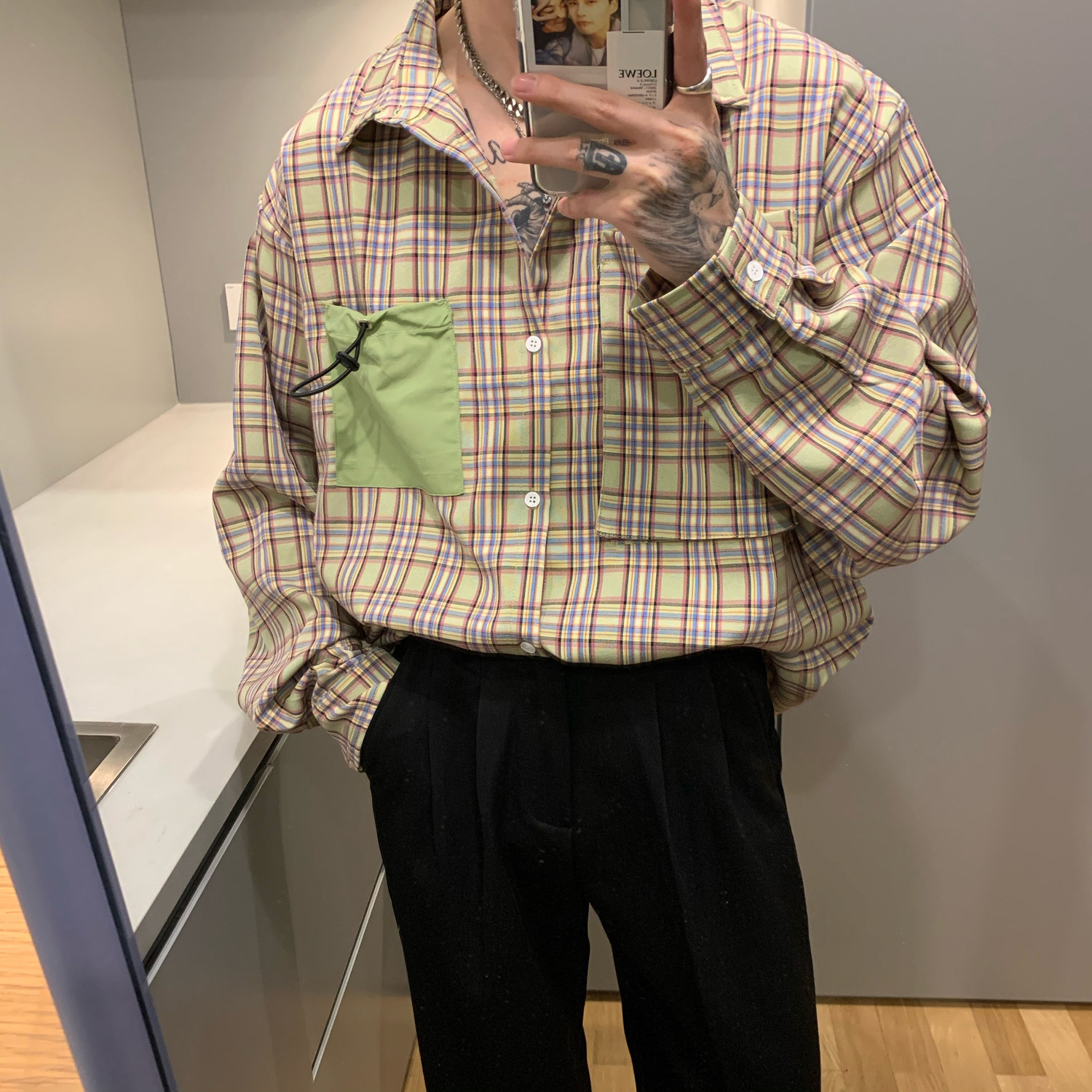 衬衫崔布局潮流ins撞色宽松清新男士衬衫