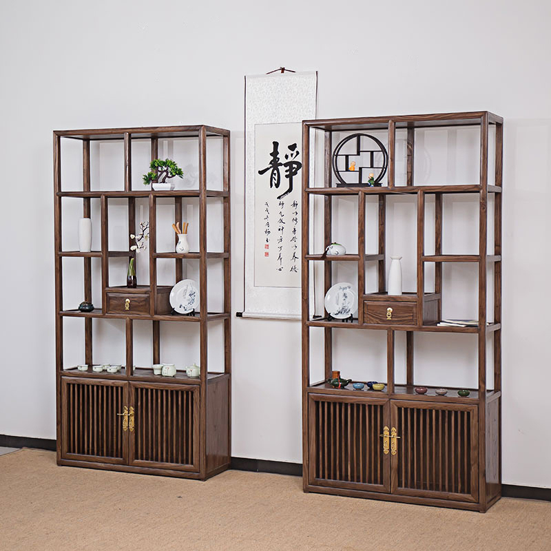 榆木轻奢茶具茶室胡桃多宝阁书柜实木新中式展示柜多宝格