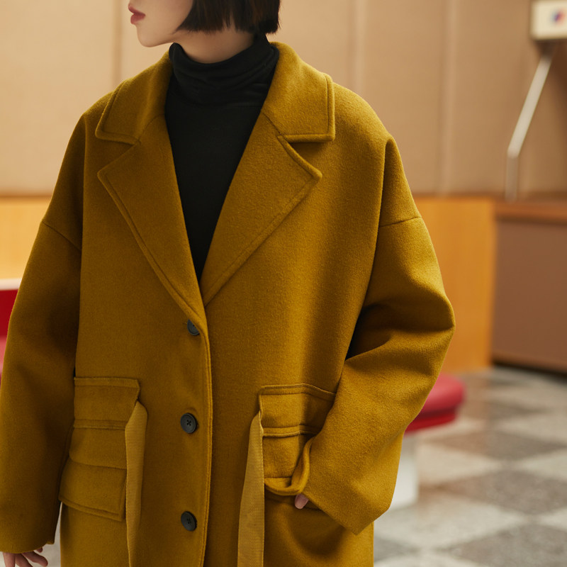 vimie秋冬新复古芥末黄大衣宽松长款气质西装领羊毛呢外套女