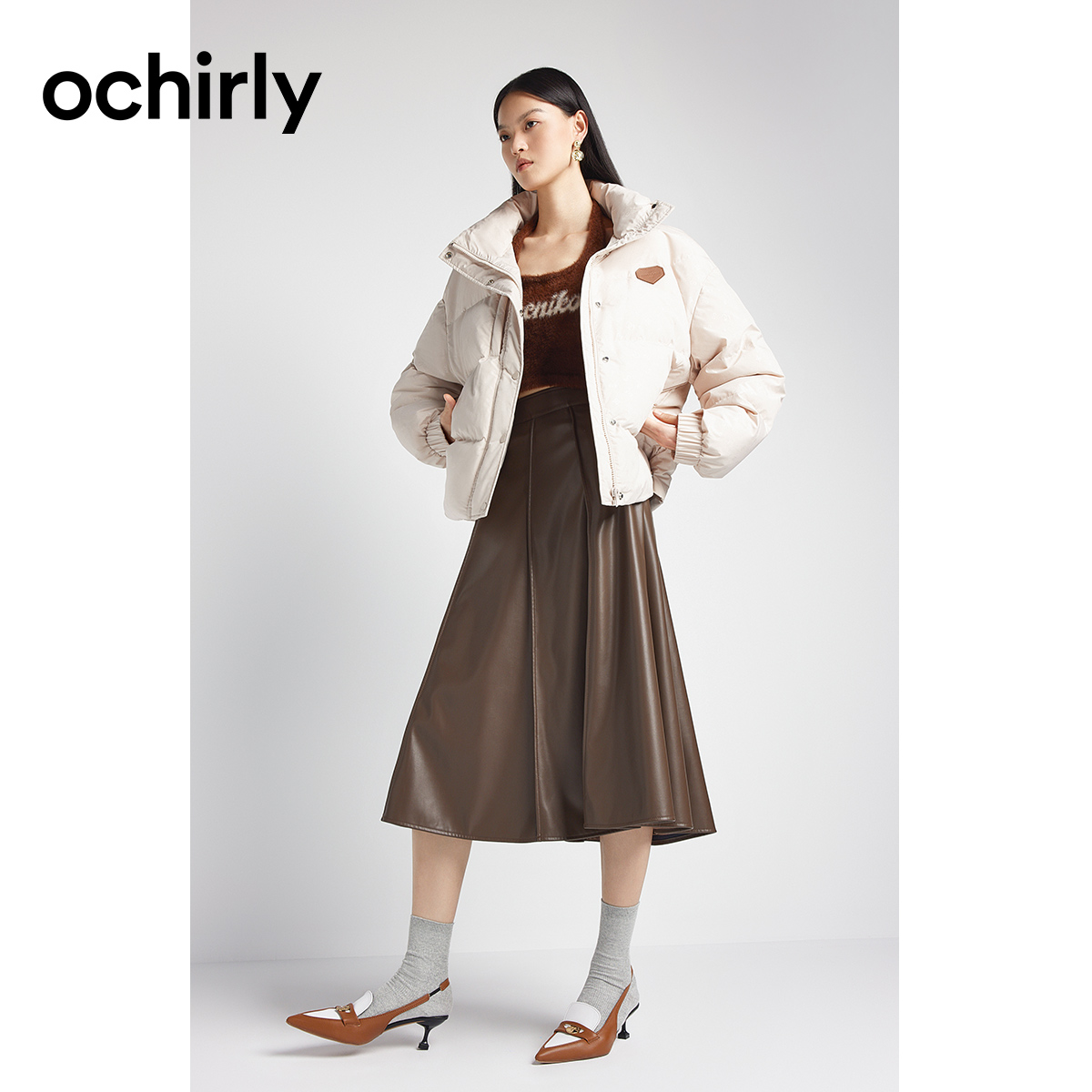 ochirly欧时力印花保暖羽绒外套2022新款冬装面包羽绒服