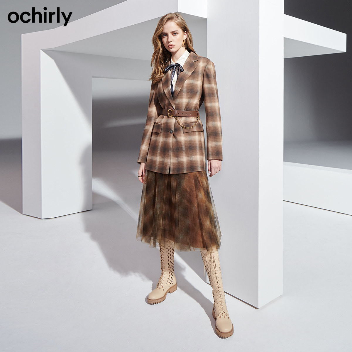 直降欧时力2021新款冬装格子高腰纱裙中长半身裙1nh4075950