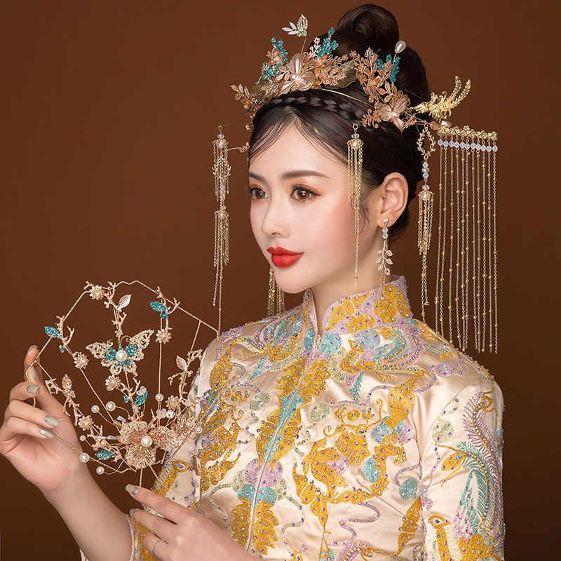 中式古装秀禾头饰新款蓝粉色古典发饰品长流苏凤冠结婚新娘配饰品