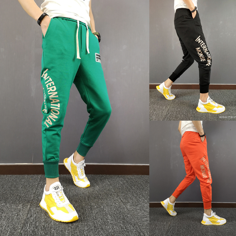 夏季新款绿色刺绣字母休闲裤精神小伙潮流男修身小脚裤网红款裤子