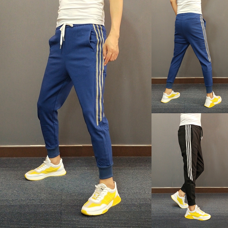 春夏季款条纹裤子男抖音网红同款束脚裤三条杠休闲裤针织小脚裤潮