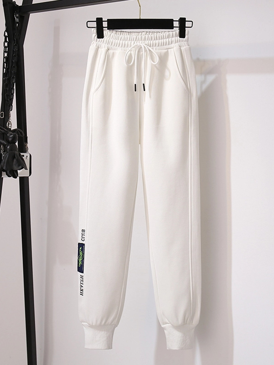 白色学生运动休闲九分卫裤女韩版春夏高腰哈伦裤宽休闲裤