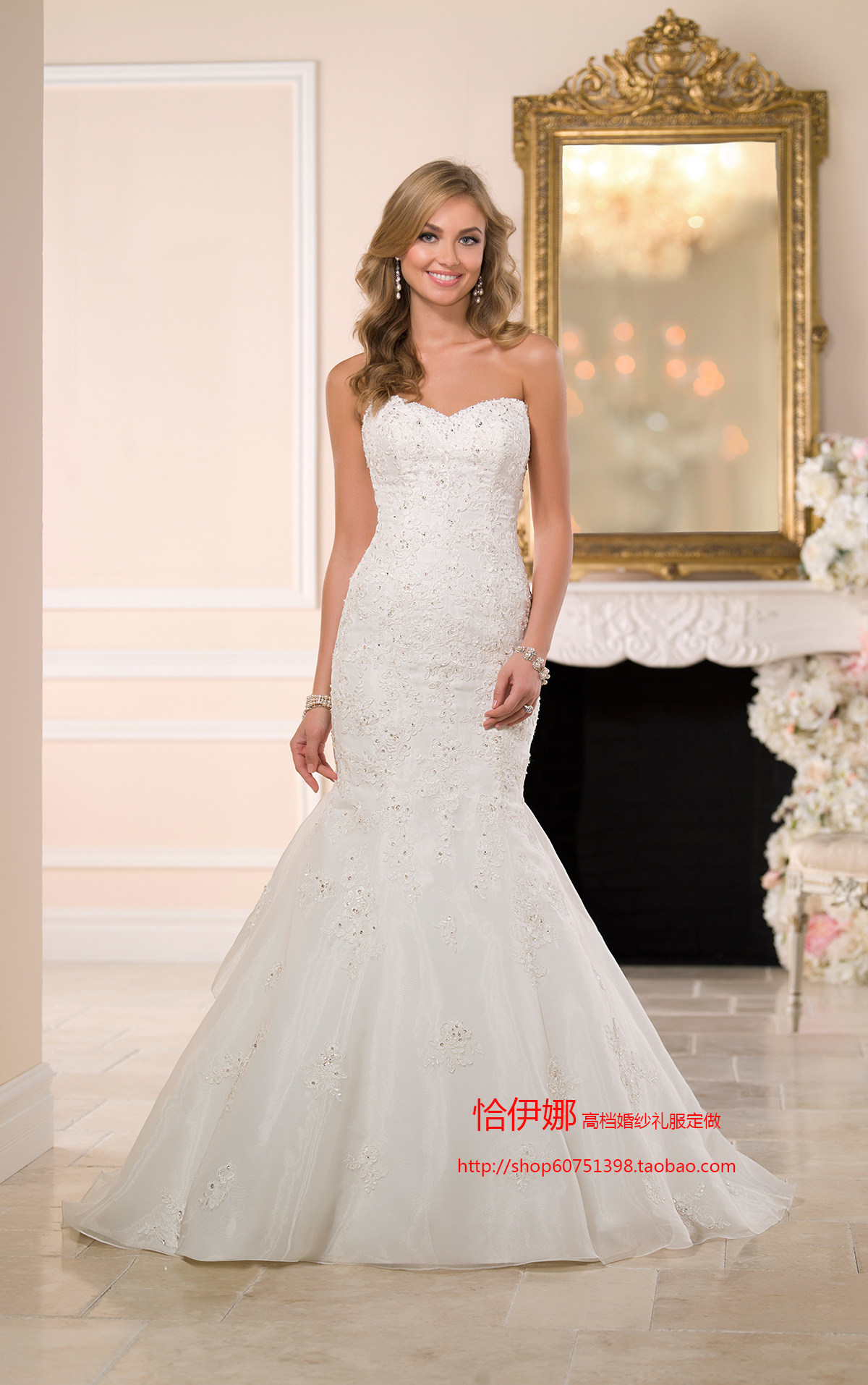 心领欧根鱼尾钉珠修身显瘦新娘婚纱礼服抹胸裙中婚纱