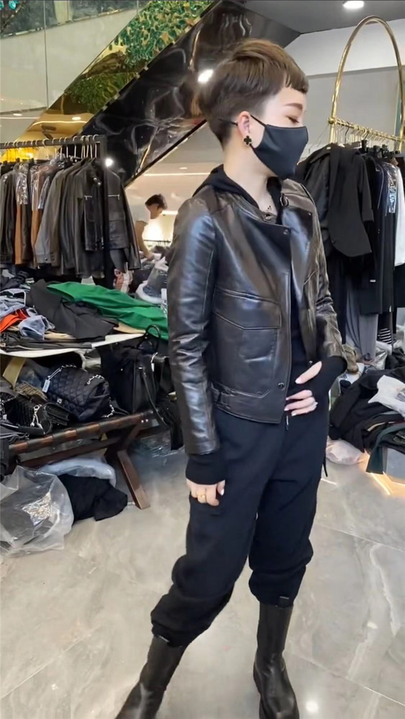 抖音乔瑞服装店同款黑色皮夹克卫衣卫裤早春春秋时尚套装