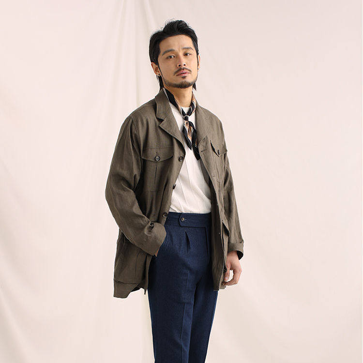 夏季亚麻西装西服上衣立体多口口袋猎装薄款西服