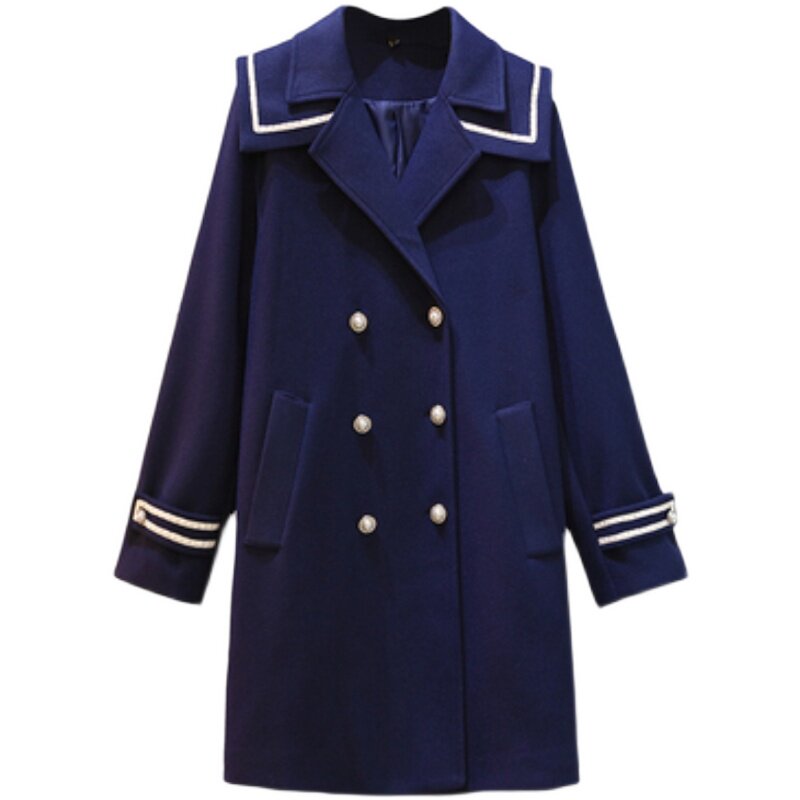 大码秋冬藏蓝海军领毛呢外套胖mm学院风气质保暖中长款西装大衣女-mc