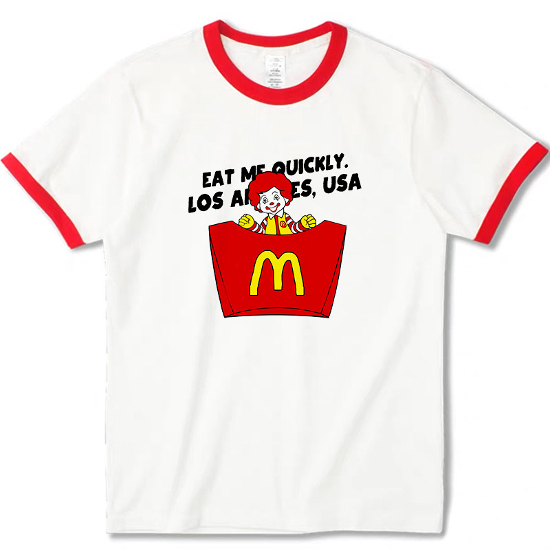 马克先生自制撞色麦当劳复古卡通印花恶搞休闲t恤