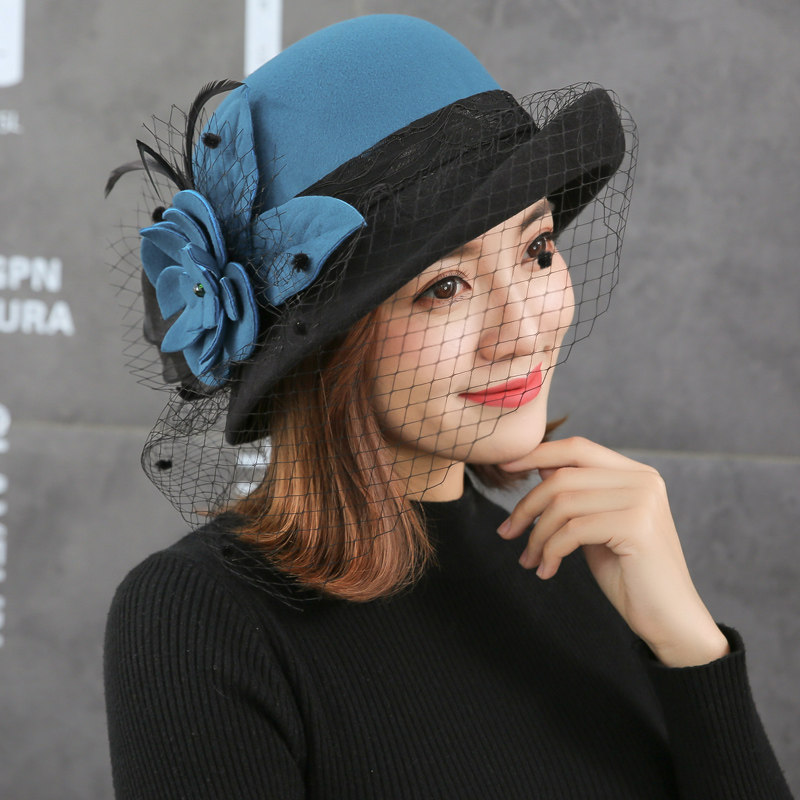 网纱帽女英伦赫本卷边礼帽秋冬名媛时尚法式帽子