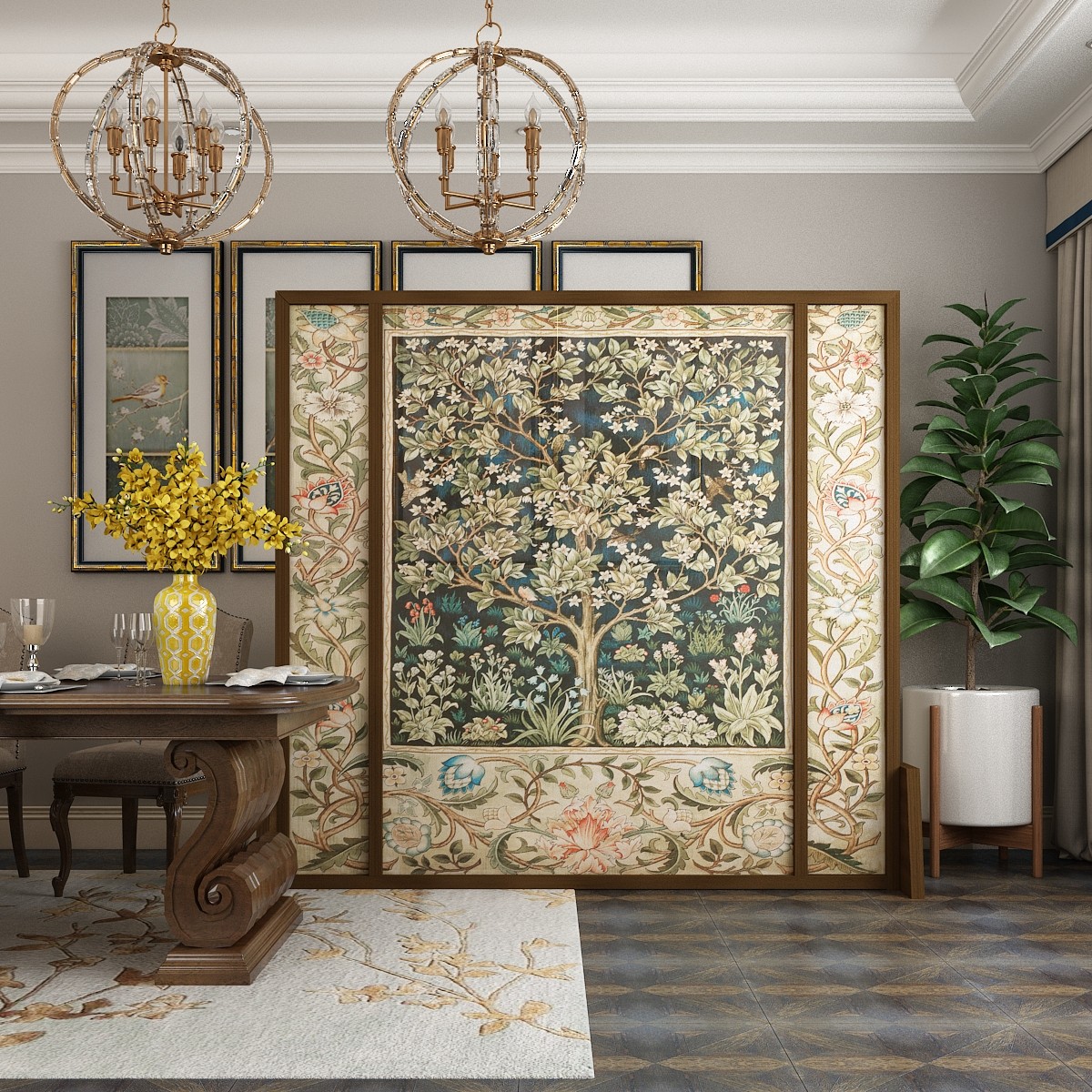 美式欧式现代屏风隔断客厅酒店茶楼卧室实木镂空玄关发财树座屏
