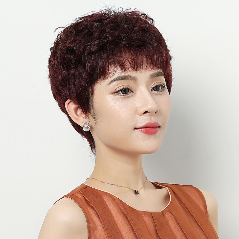真发假发女短发妈妈全头套自然中老年时尚女士短卷发发型真人发丝
