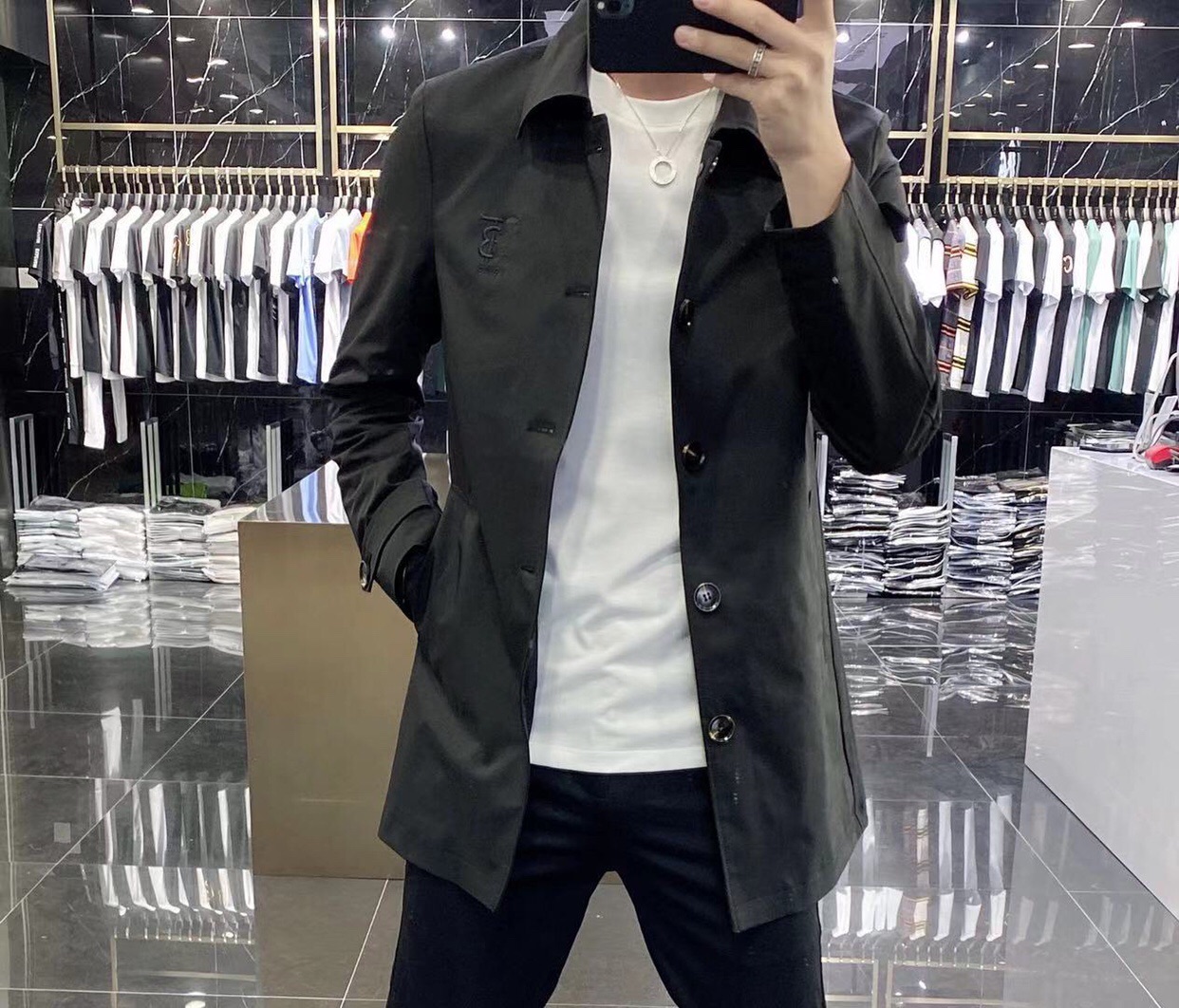 2022春季新款商务中长款男士薄款大衣翻领风衣单排扣纯色修身外套