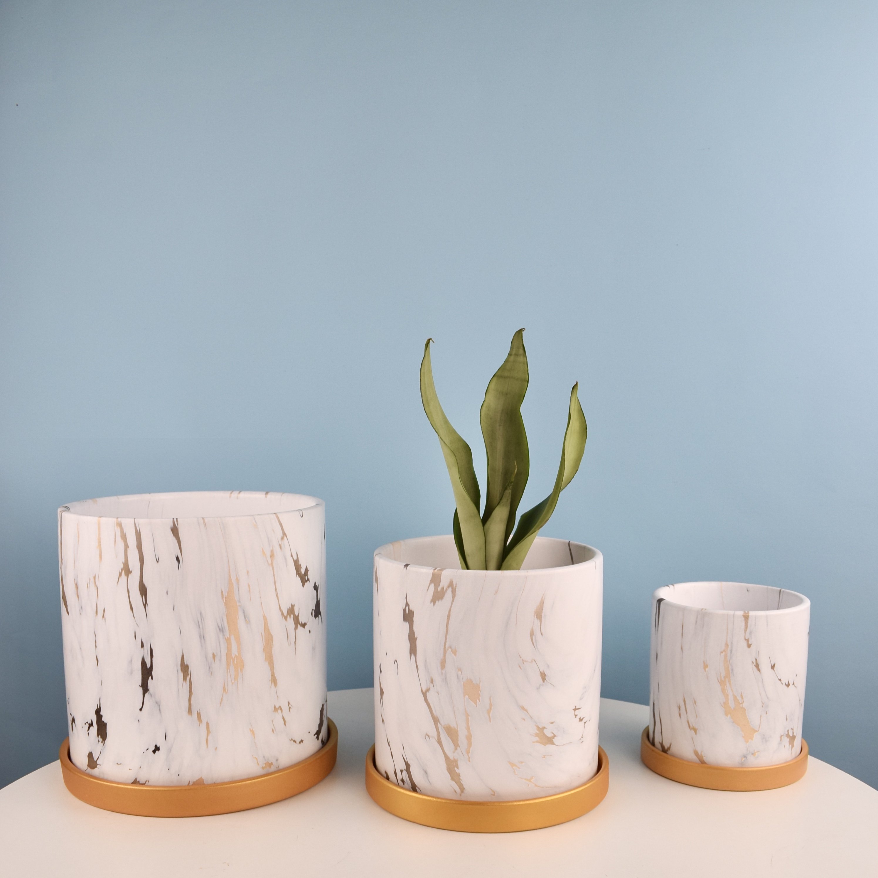 陶瓷大理石金纹圆柱花盆多肉鲜花直筒盆栽个性花盆