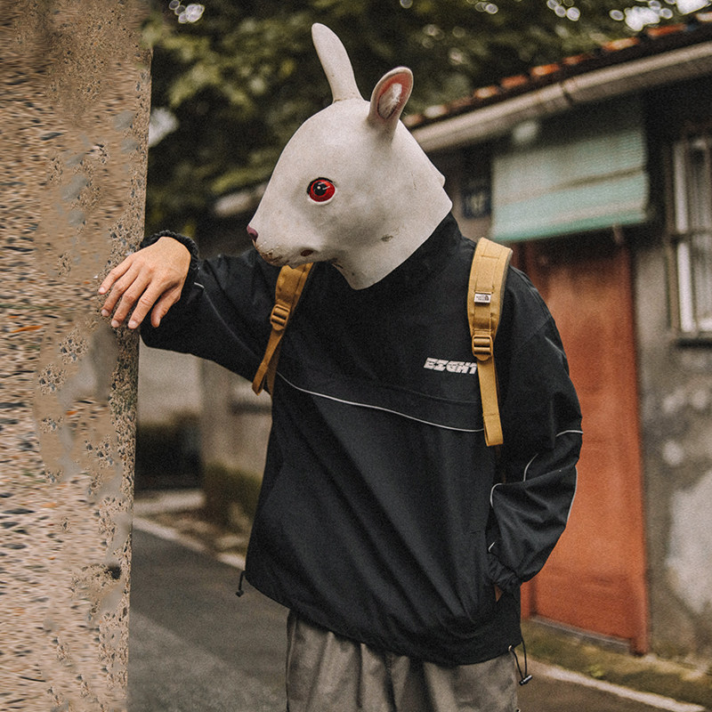 兔先森纯色工装外套男秋季潮牌半拉链冲锋衣运动防风宽松套头夹克