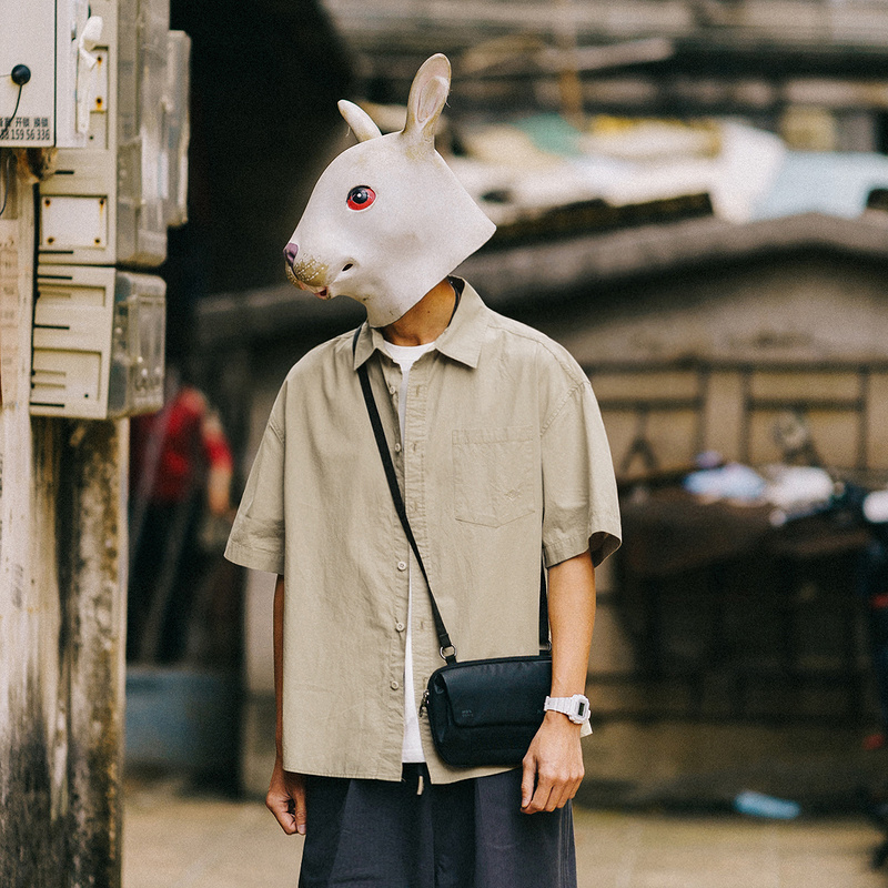 RabbitHouse 夏季新款宽松纯色休闲短袖衬衫潮牌男五分袖衬衣外套