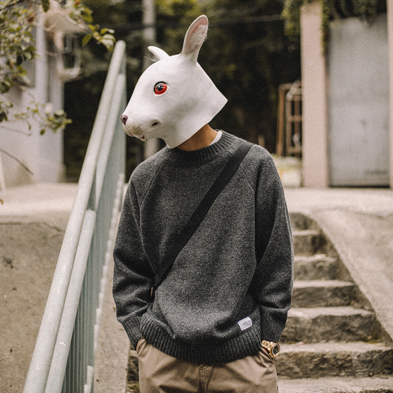 兔先森春秋季纯色圆领毛衣男士宽松日系潮复古百搭休闲长袖针织衫