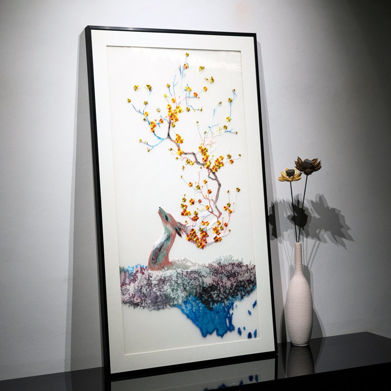 新中式一鹿高升苏绣玄关成品画走廊书房刺绣装饰画礼物实木框装裱