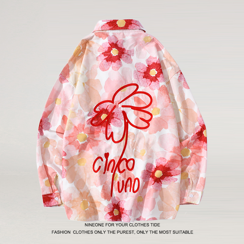 nineone 粉色盐系衬衫男女刺绣雏菊宽松潮流ins情侣冰丝衬衣外套
