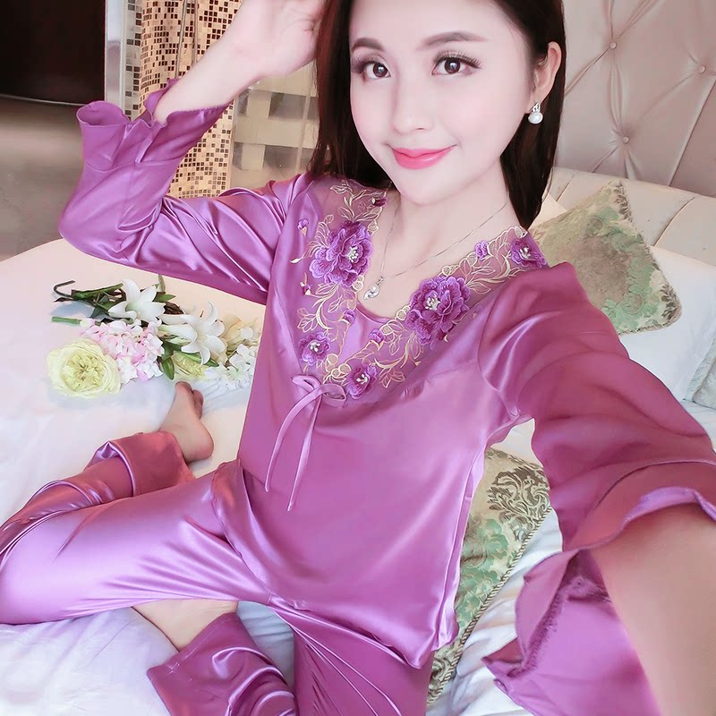 真丝潮汕揭阳睡衣女春秋季长袖长裤简约桑蚕睡衣