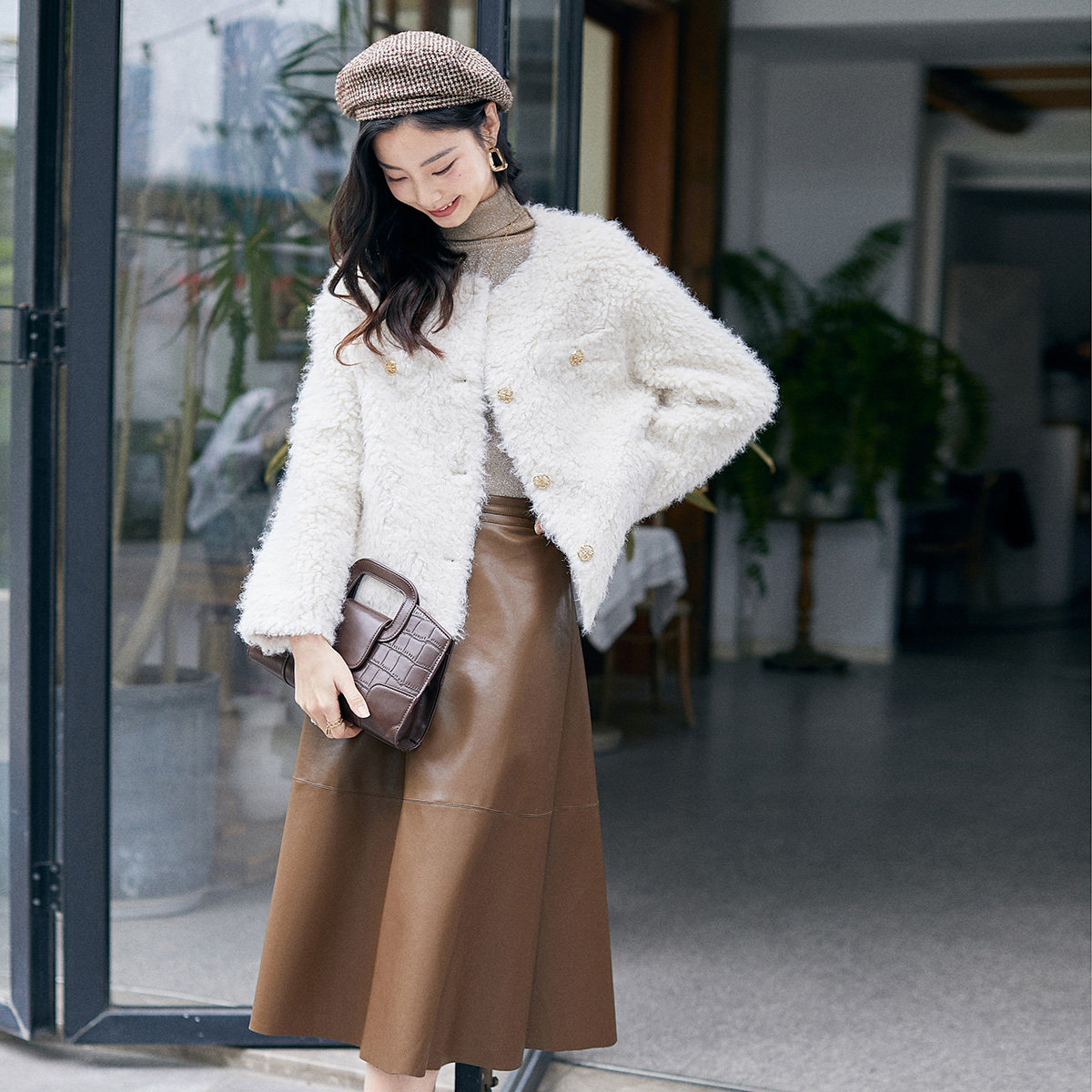 外套复古港风气质小香风羊毛1384棕色加厚短款皮草