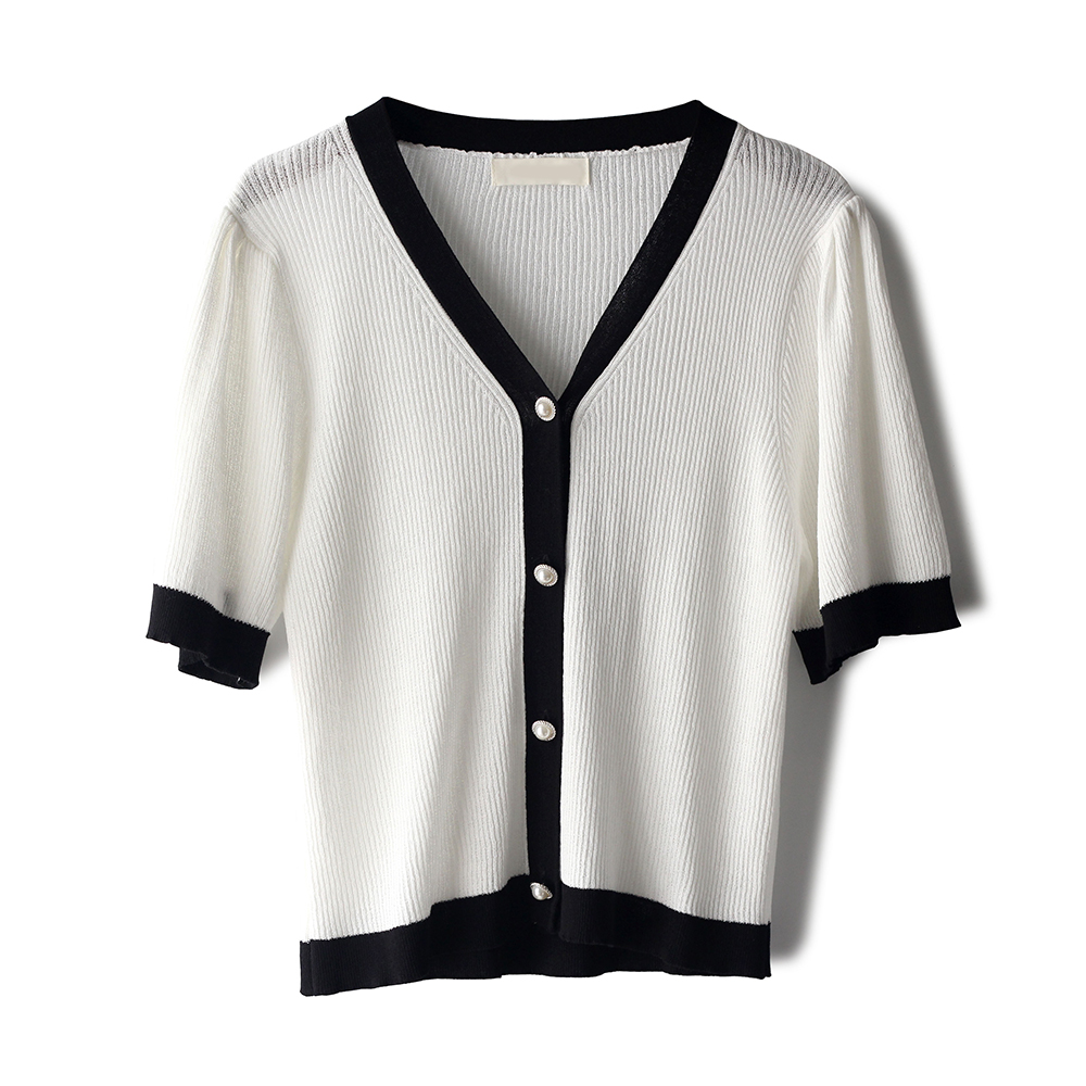 短袖女夏上衣法式短款领排开衫针织冰丝时尚t恤
