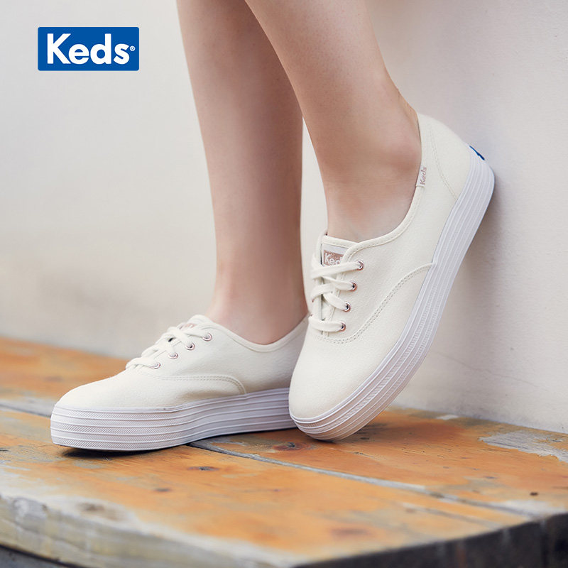 keds女式百搭厚底小白鞋松糕鞋单鞋闪光帆布鞋帆布鞋